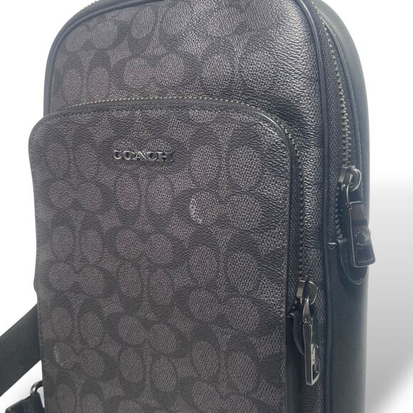 Coach Men Ethan Pack Crossbody Backpack Signature Leather Charcoal Black CV918 - Picture 2 of 13